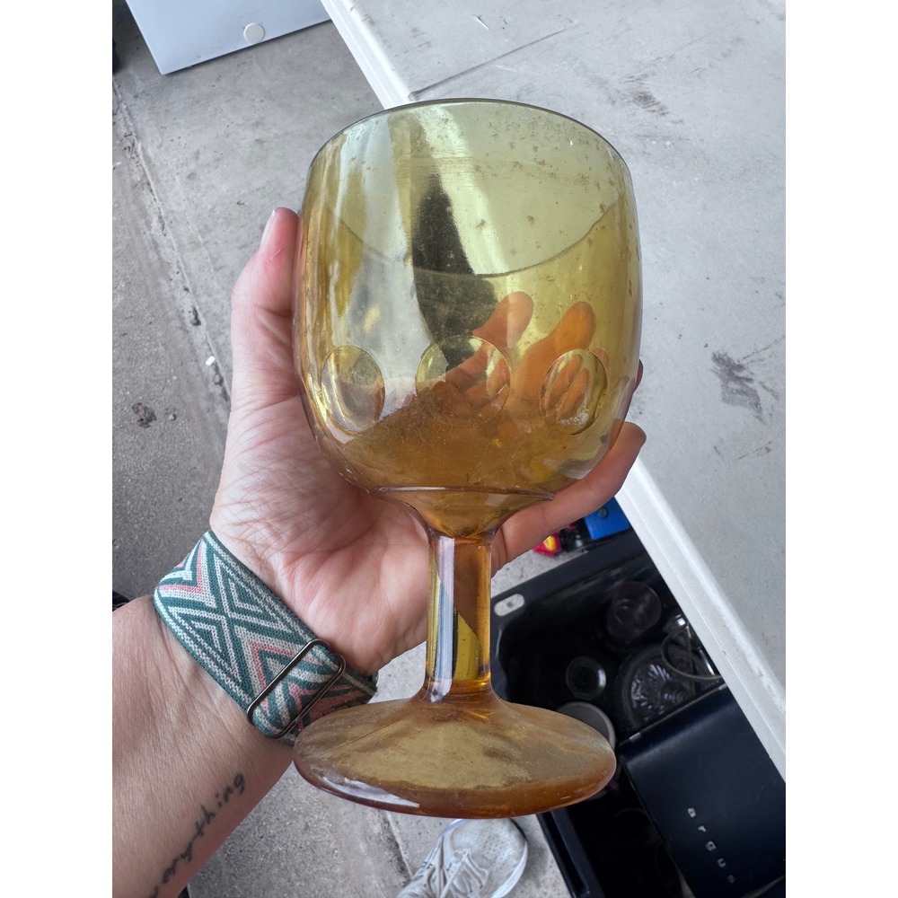 Vintage Amber Glass Goblet Thumbprint Coin Spot Pattern Mid Century MCM Yellow